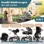 Kinderwagen 4 in 1 Kombi Set mit Babywanne Buggy und Autositz ECE R129 Aluminium Rahmen Luftreifen faltbar Schwarz Champagne