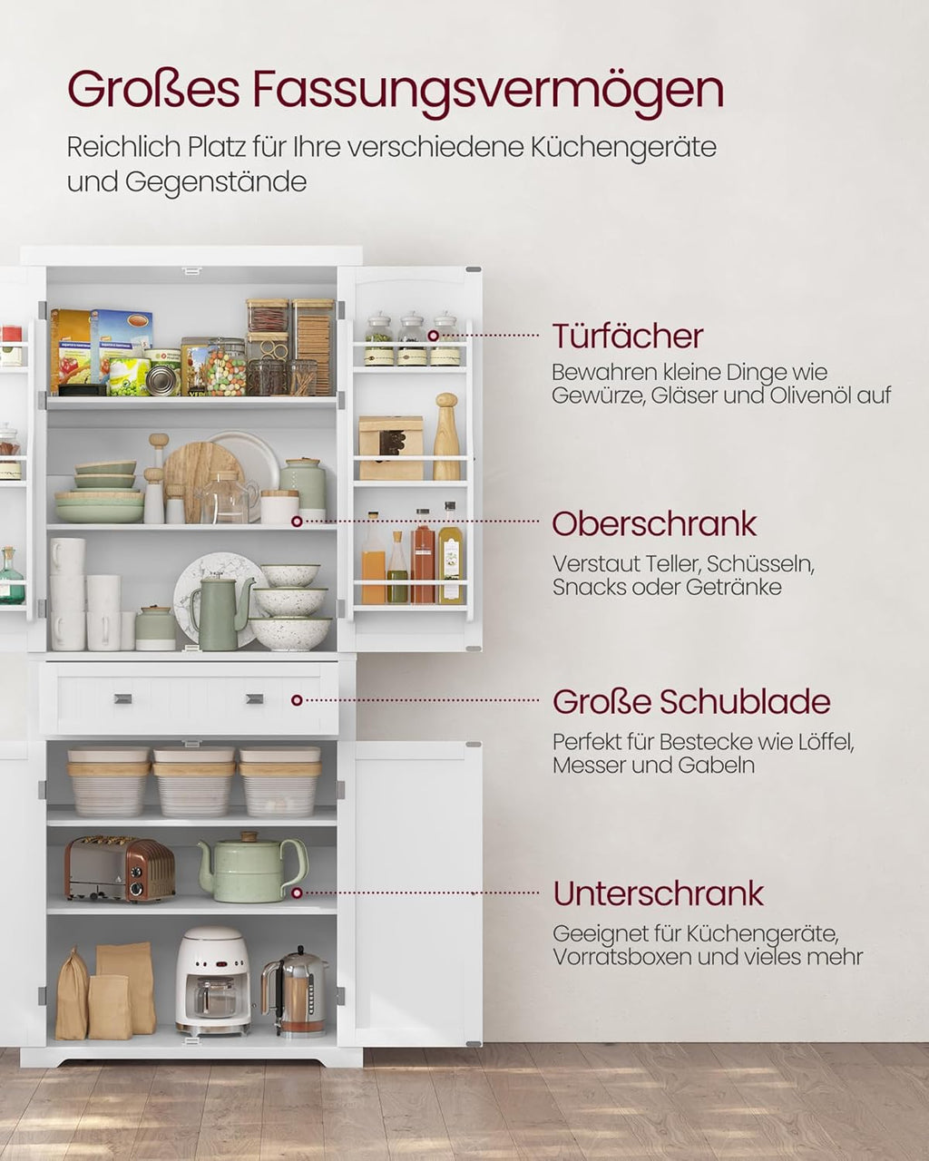 Küchenschrank Hochschrank mit verstellbaren Ablagen und Schublade Vitrinenschrank BBC561W21 40 x 76 x 182,1 cm Weiß