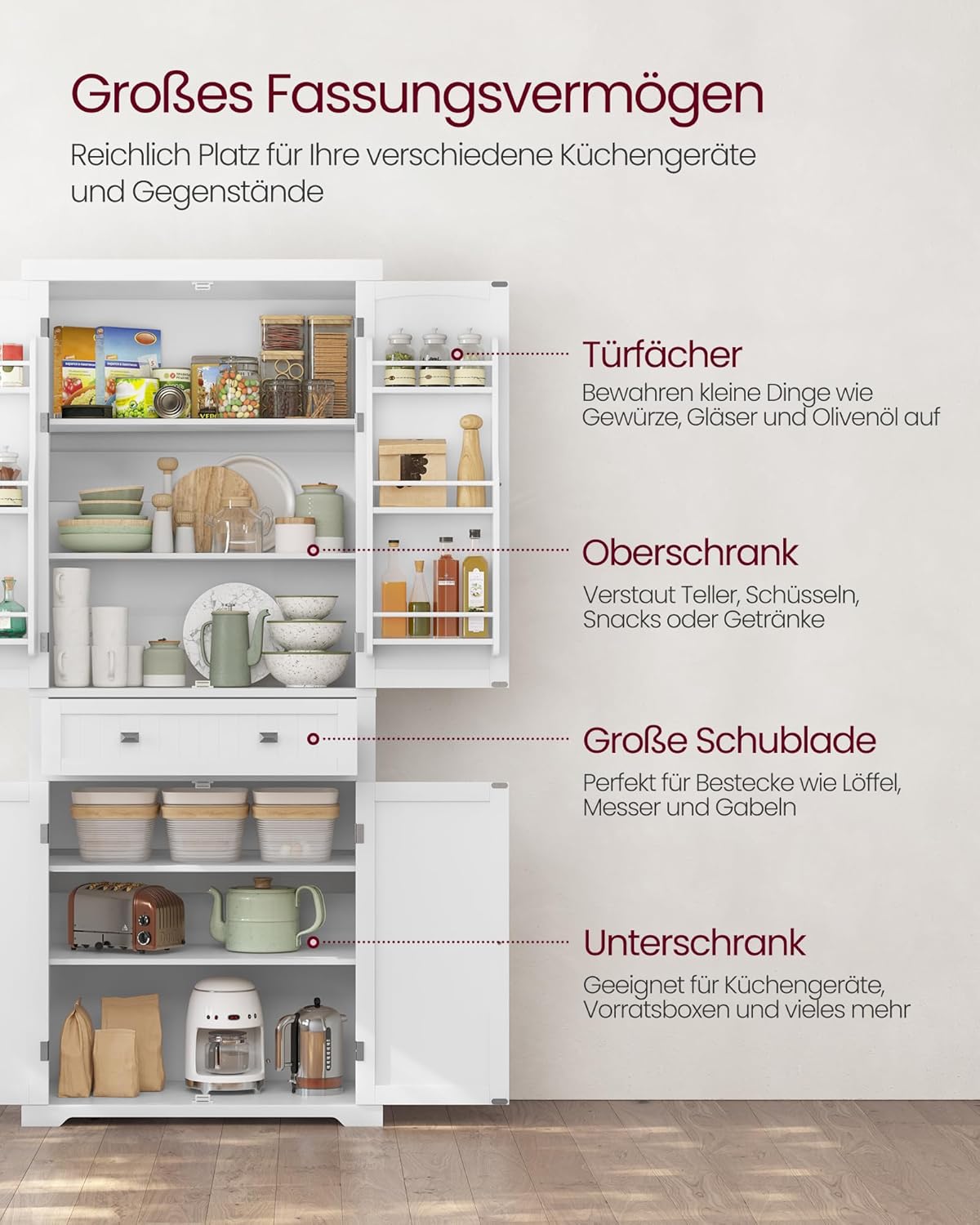 Küchenschrank Hochschrank mit verstellbaren Ablagen und Schublade Vitrinenschrank BBC561W21 40 x 76 x 182,1 cm Weiß