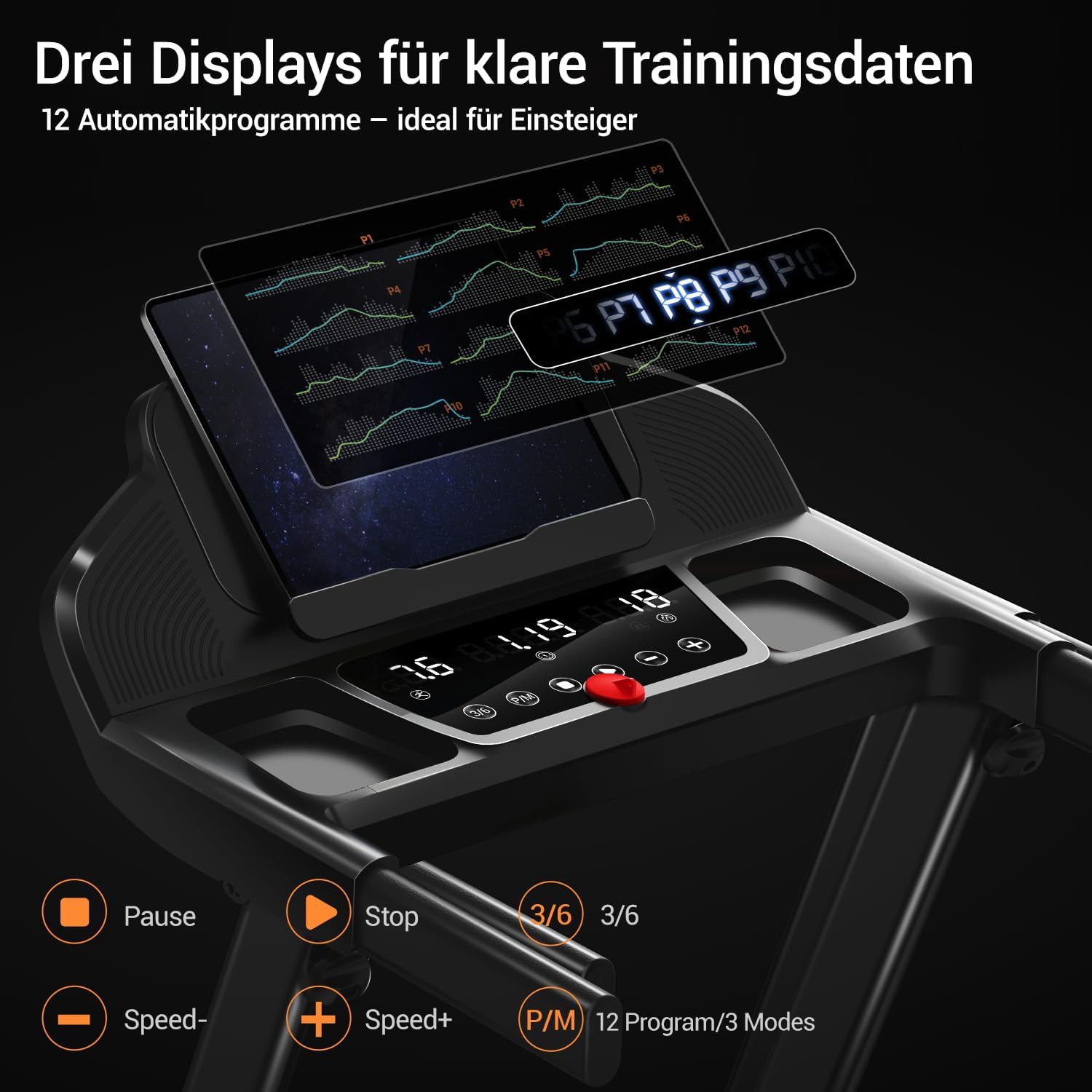 Laufband klappbar mit Steigung SF20 12 kmh 3 PS Motor 15 Prozent Neigung 136 kg Tragkraft LED Anzeige