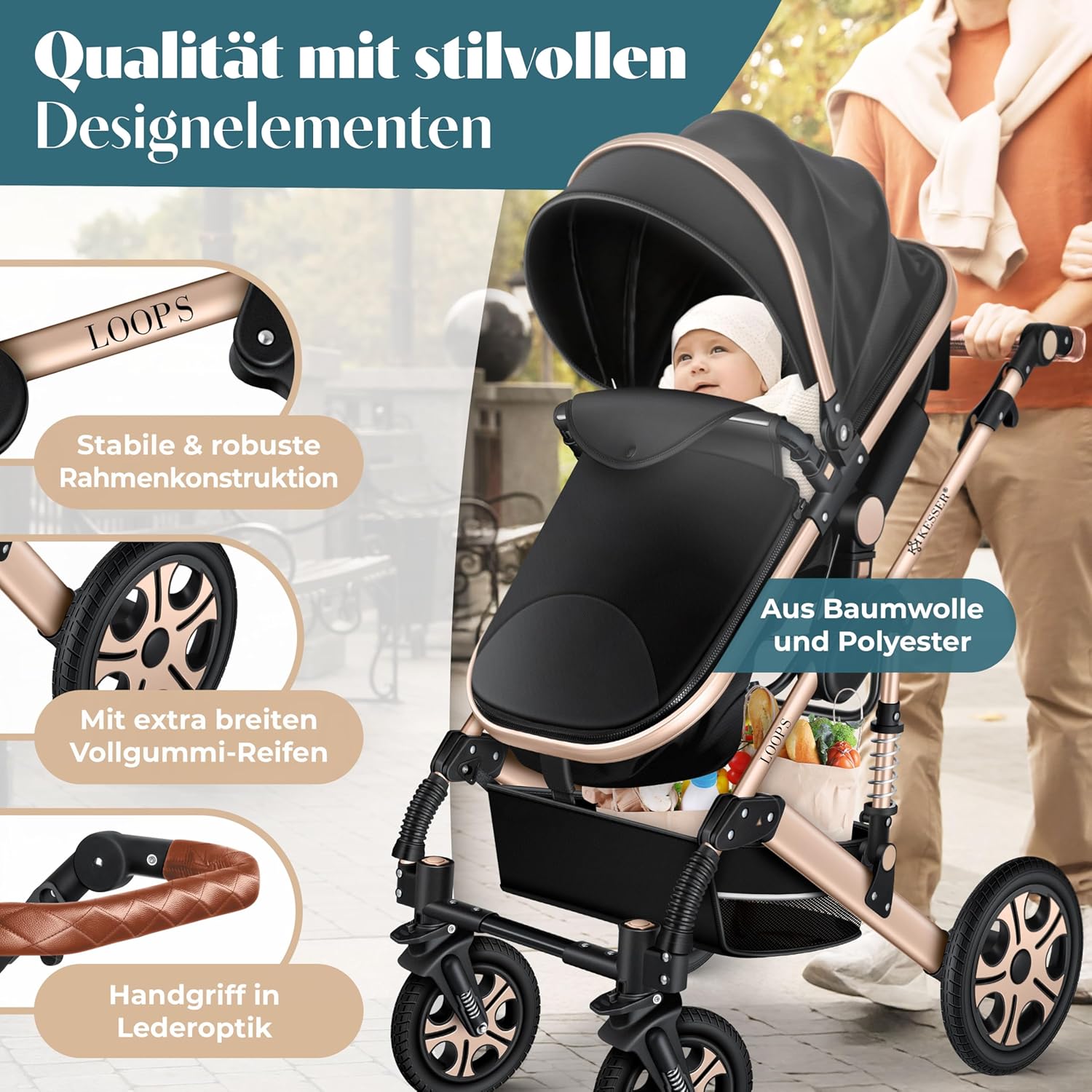 Kinderwagen 4 in 1 Kombi Set mit Babywanne Buggy und Autositz ECE R129 Aluminium Rahmen Luftreifen faltbar Schwarz Champagne