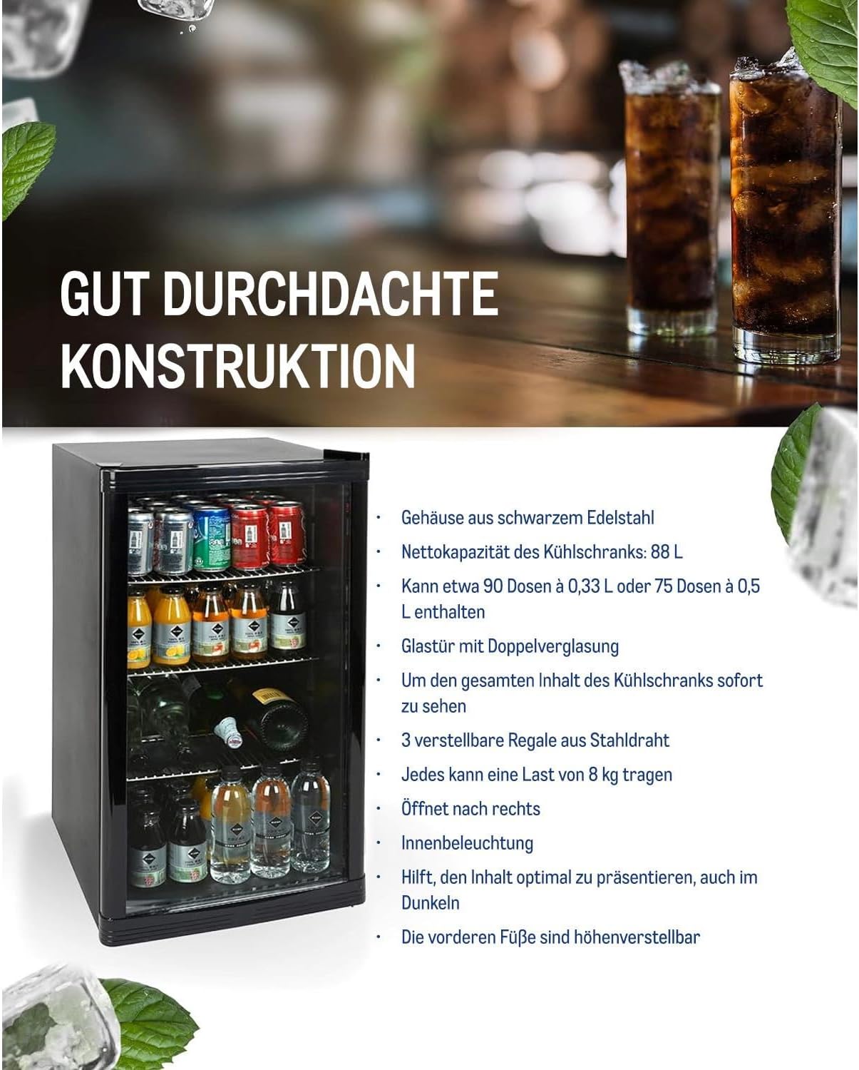 Mini Kühlschrank GPC1088 88L eingebaut Kompakt 3 Glasböden automatische Abtauung LED Innenbeleuchtung