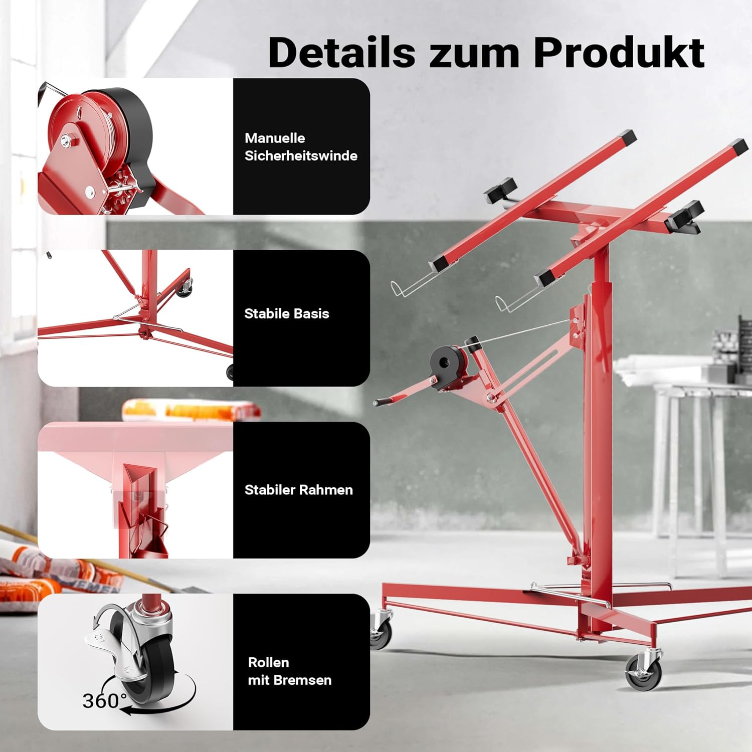 Plattenheber XXL 50790 Trockenbau 68kg Tragkraft 140–350cm Höhe 2,90m Breite 3 Rollen mit Feststellbremse rot