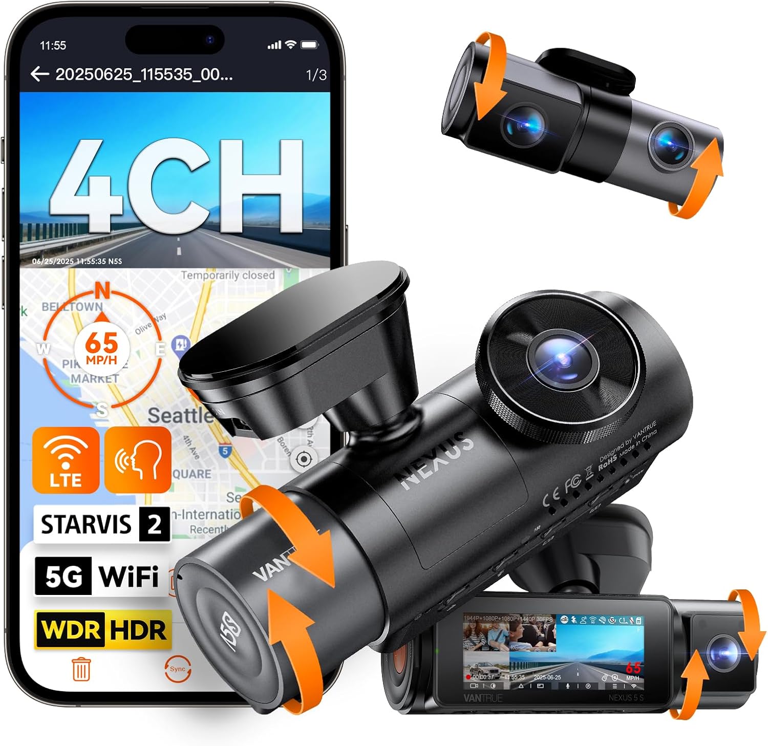 Dashcam N5S 4 Kanal 2.7K Front Innen Hinten 1440P 1080P HDR WDR 360 Grad WiFi GPS Parkmodus 1TB Support