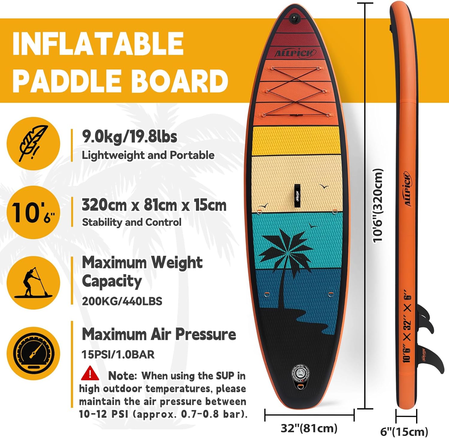 Aufblasbares Stand Up Paddle Board SUP001 320 x 81 x 15 cm bis 200 kg mit Kamerahalterung Paddel Pumpe Rucksack und 3 Finnen