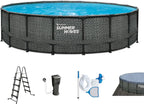 Aufstellpool Rund 549x132 cm Frame Pool Komplettset Rattan Optik Grau inkl Filterpumpe Bodenvlies Abdeckplane Leiter