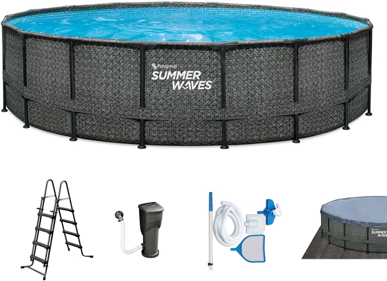 Aufstellpool Rund 549x132 cm Frame Pool Komplettset Rattan Optik Grau inkl Filterpumpe Bodenvlies Abdeckplane Leiter