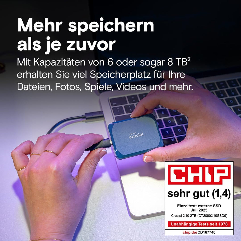 Externe SSD X10 2TB USB-C 3.2 Gen2 bis 2100MB/s IP65 wasser- und staubgeschützt für PC Mac Smartphone Spielkonsole