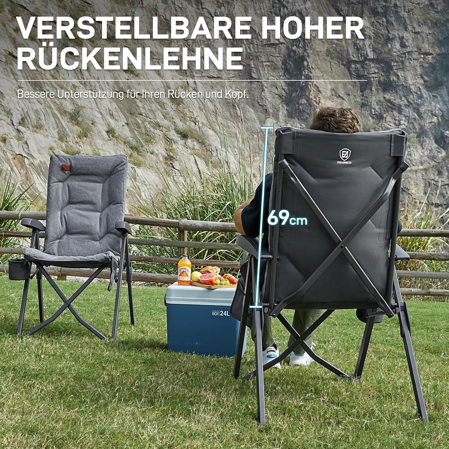 Faltbarer Campingstuhl mit 4 Positionen gepolsterter hoher Lehne Seitentasche Getränkehalter und 150 kg Tragfähigkeit