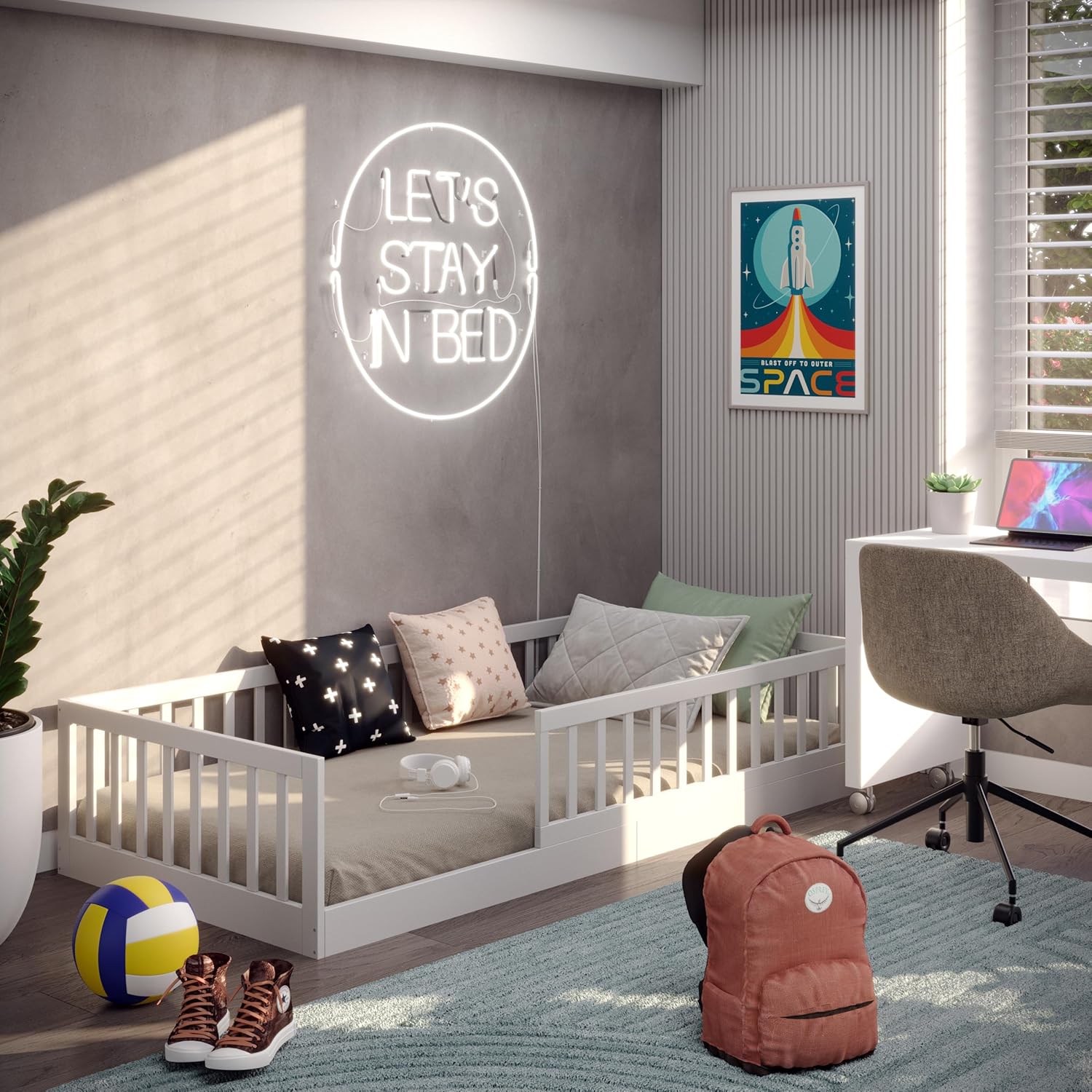 Bodenbett 90x200 cm Montessori Kinderbett Massivholz Kiefer mit Rausfallschutz und Roll-Lattenrost bis 200 kg