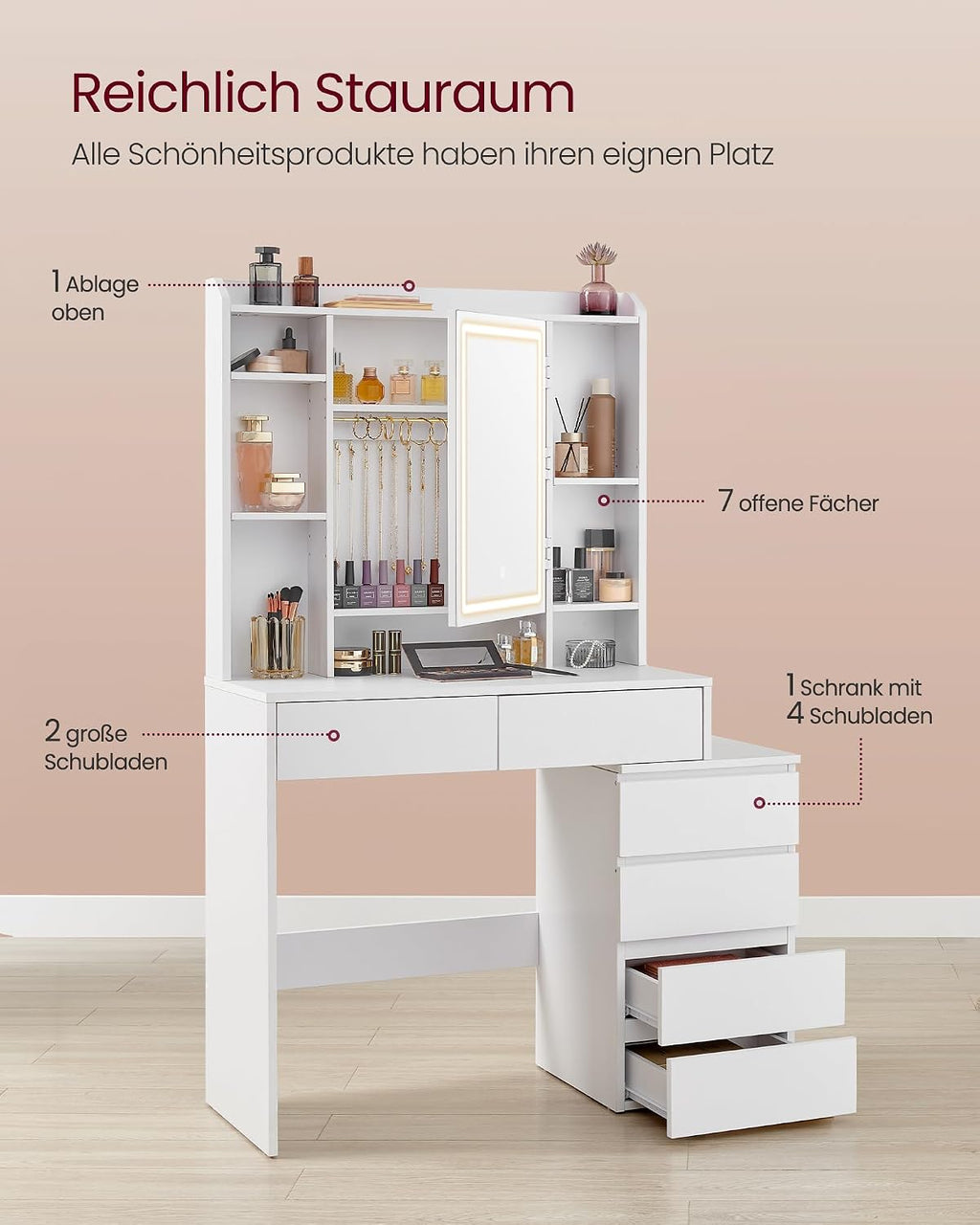 Schminktisch mit LED-Beleuchtung und Spiegel mit Hocker und Schubladen verstellbare Ablagen und offene Fächer RDT125W01