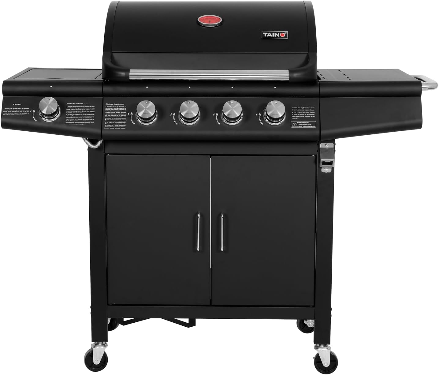 Gasgrill Grillwagen 4+1 Brenner RED 4 Hauptbrenner 1 Seitenkocher Edelstahl Grillfläche 61x42cm freistehend Schwarz