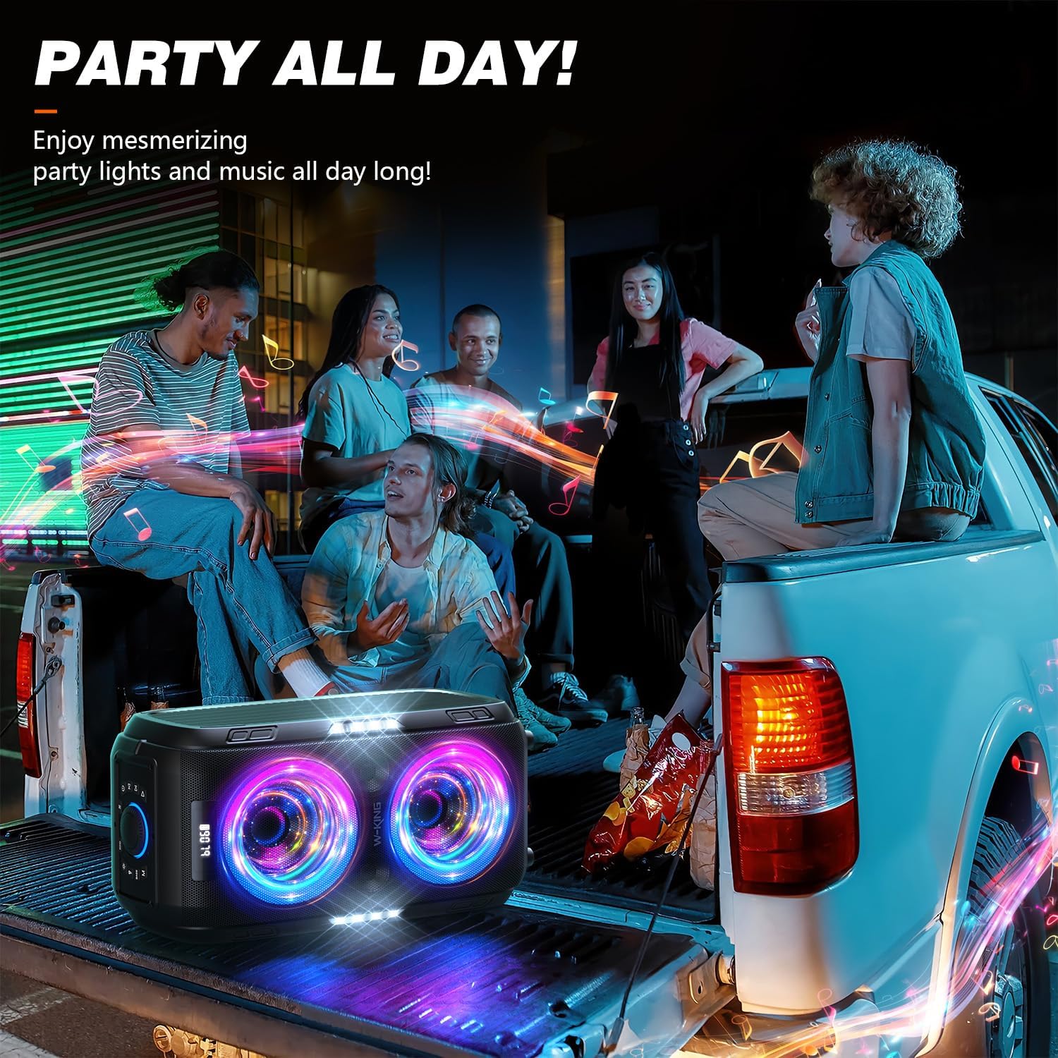 Bluetooth Party-Lautsprecher T9 Pro 270W mit Bluetooth 5.3 2 x 6,5 Zoll Woofern Mikrofon- und Gitarreneingang USB TF AUX Wechselakku