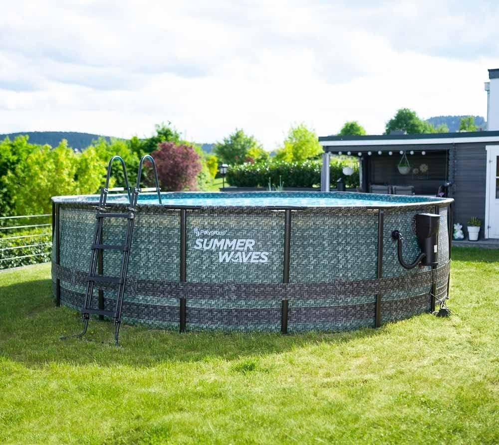 Rundpool Frame Pool Set 488x122 cm Rattanoptik mit Filterpumpe Leiter Abdeckplane Bodenvlies Reinigungsset