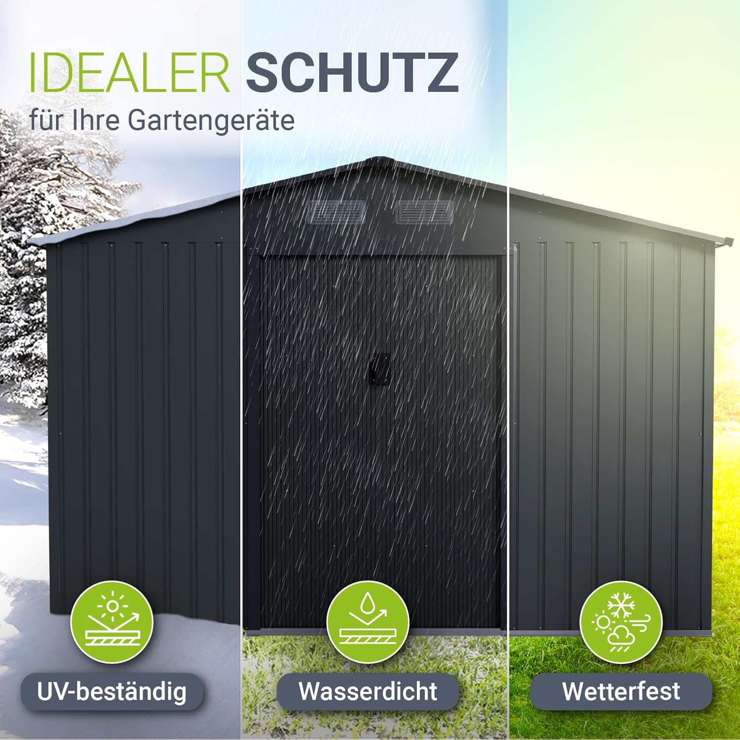 Gartenhaus Metall Schiebetür XL 280 x 196 x 190 cm wetterfest mit Fundamentrahmen und Schloss Dunkelgrau
