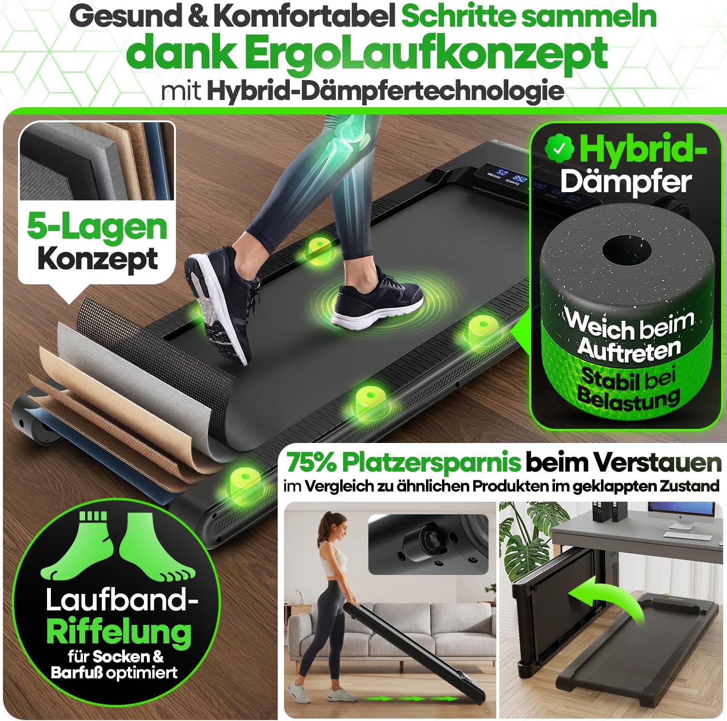 Walking Pad Pro Laufband klappbar mit 10 % Steigung 150 kg Tragkraft Bluetooth App 6 km/h