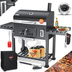 Holzkohlegrill XXL Grillwagen mit Deckel Thermometer und Smokerfunktion 56 x 41,5 cm Grillfläche inkl. Haube Bürste Pinsel & 8 Spieße