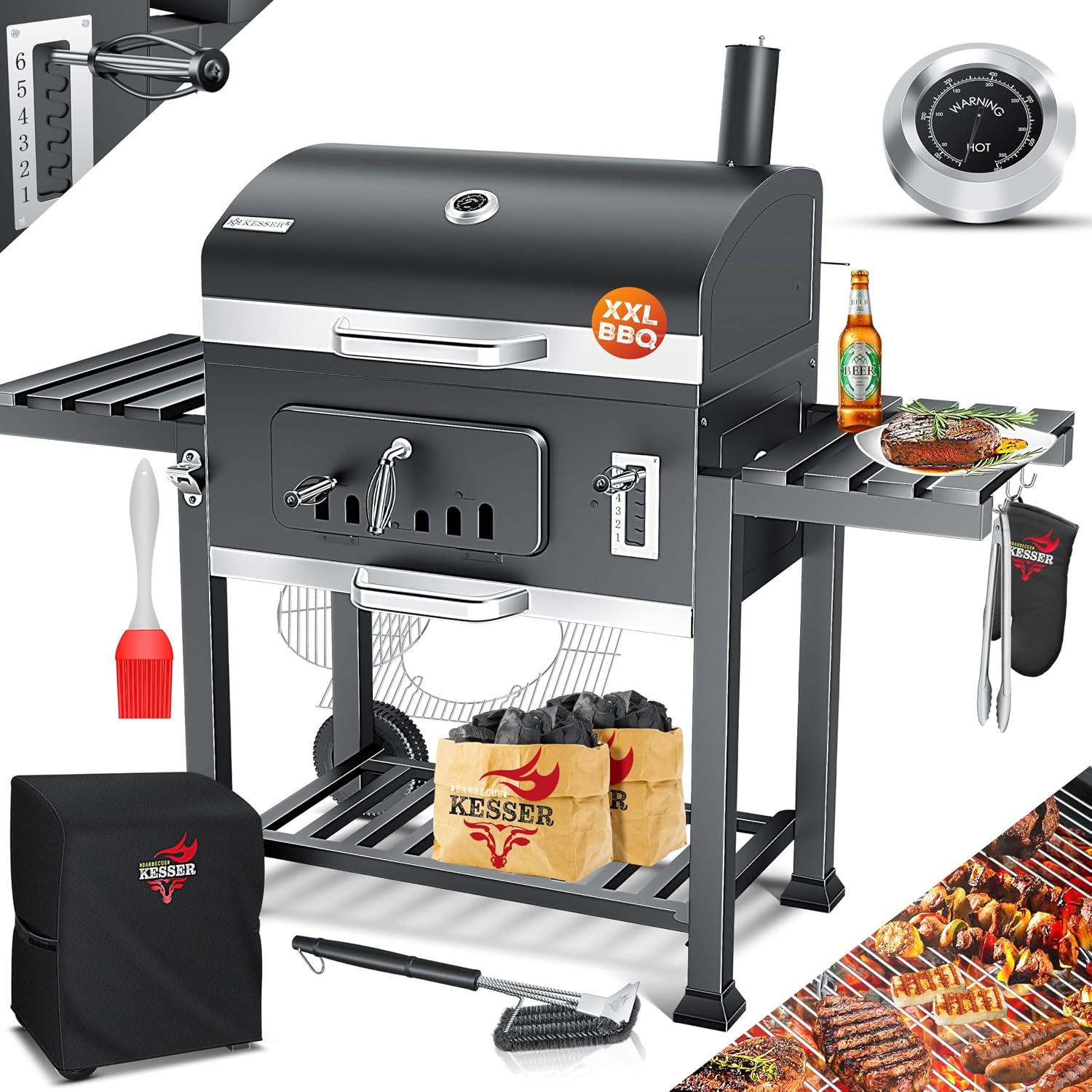 Holzkohlegrill XXL Grillwagen mit Deckel Thermometer und Smokerfunktion 56 x 41,5 cm Grillfläche inkl. Haube Bürste Pinsel & 8 Spieße