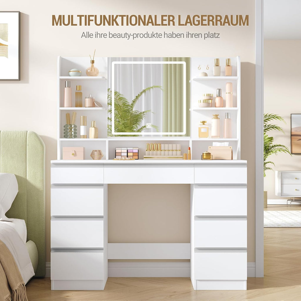 Schminktisch mit LED Spiegel DT41903W 108 x 40 x 140 cm 9 Schubladen 3 Lichtfarben mit Stauraum