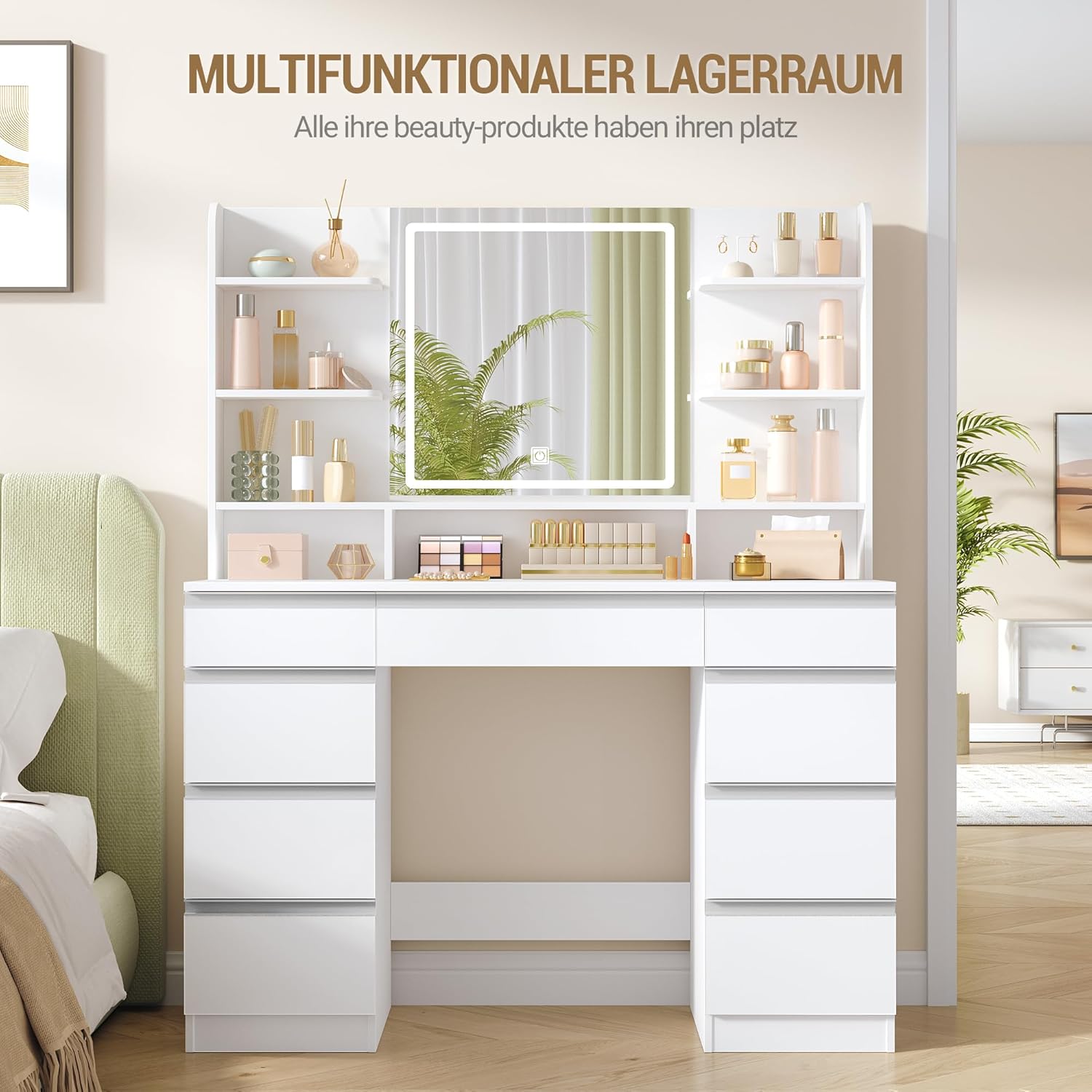 Schminktisch mit LED Spiegel DT41903W 108 x 40 x 140 cm 9 Schubladen 3 Lichtfarben mit Stauraum
