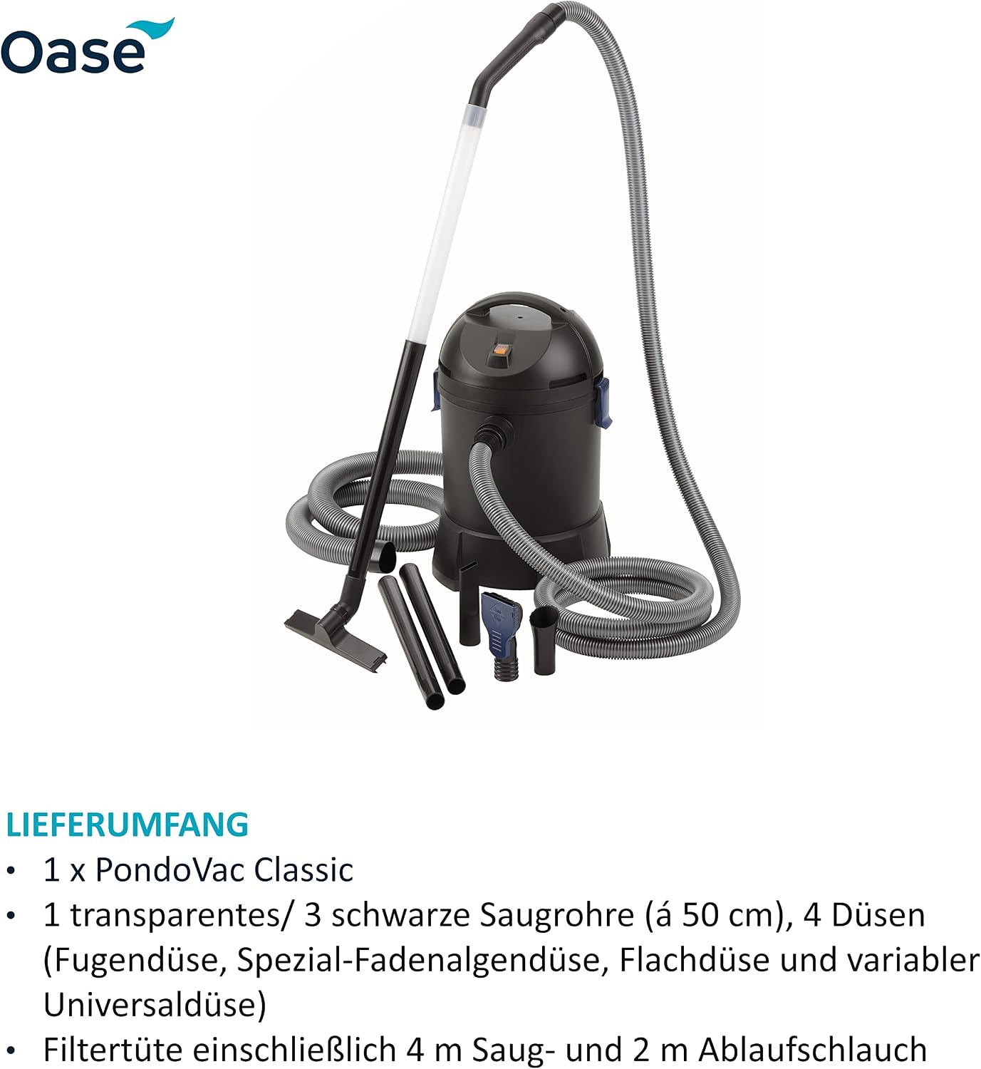 Teichschlammsauger Pondovac Classic 50529 1400W 3000 l/h 27L Tank 4 Saugdüsen 4m Schlauch