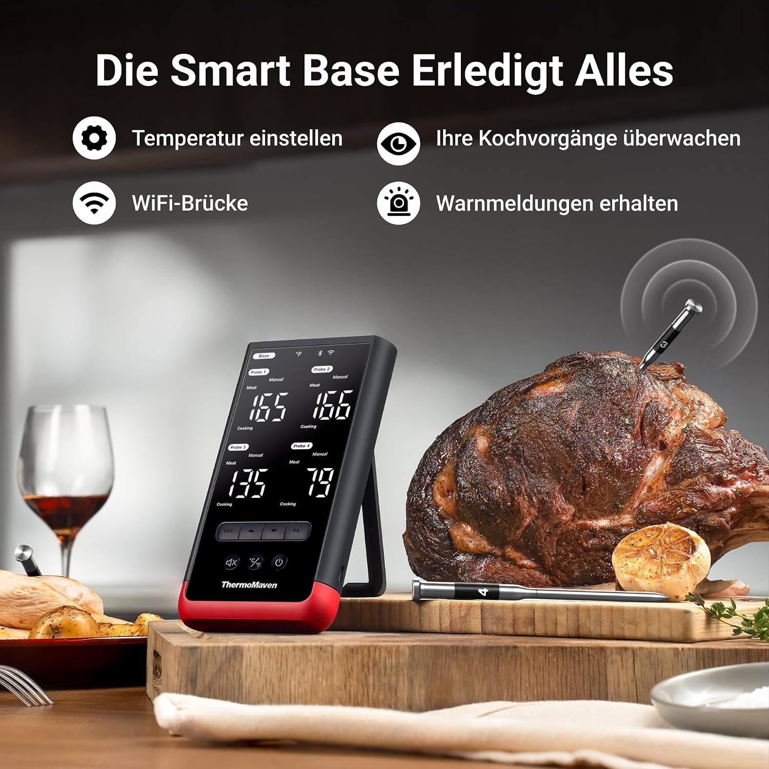 Kabelloses Fleischthermometer P4 4 Sonden 6 Sensoren WiFi Bluetooth 5.3 IPX8 App Grillthermometer Bratenthermometer