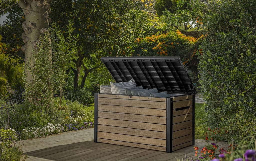 Auflagenbox 870 Liter Gartenbox Kunststoff wasserdicht mit Belüftung und Gasdruckfedern 147x83x86 cm Holzoptik