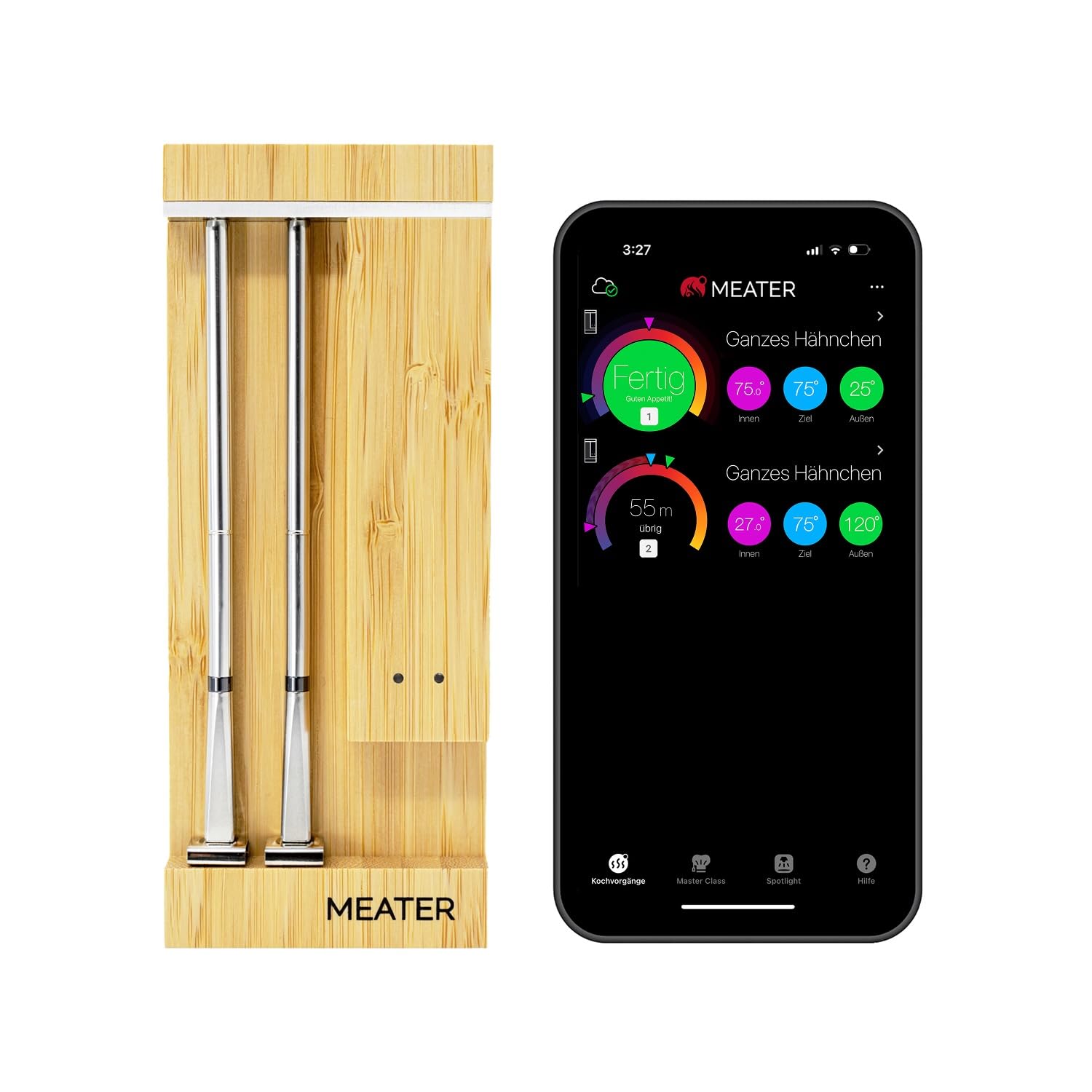 Fleischthermometer Pro Duo OSC-MT-MD201 digital kabellos WiFi 2 Sonden 550°C App Bambus