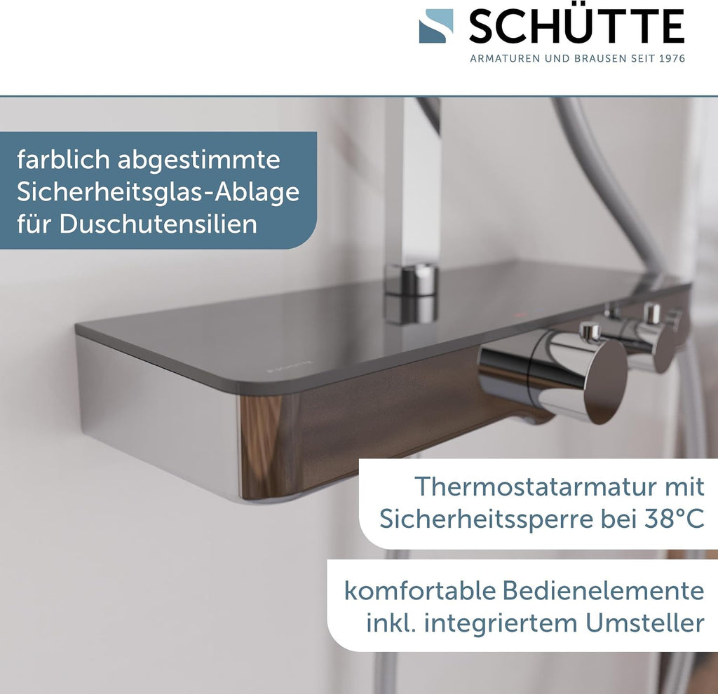 Duschsystem Thermostat OCEAN 60531 Regendusche 30x30cm Glasablage Duschsäule Chrom Anthrazit Wandmontage 80-120cm Stange