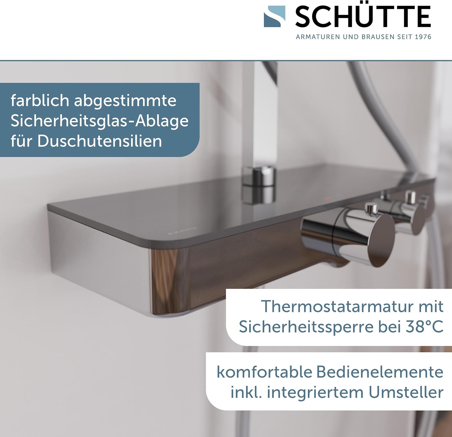 Duschsystem Thermostat OCEAN 60531 Regendusche 30x30cm Glasablage Duschsäule Chrom Anthrazit Wandmontage 80-120cm Stange