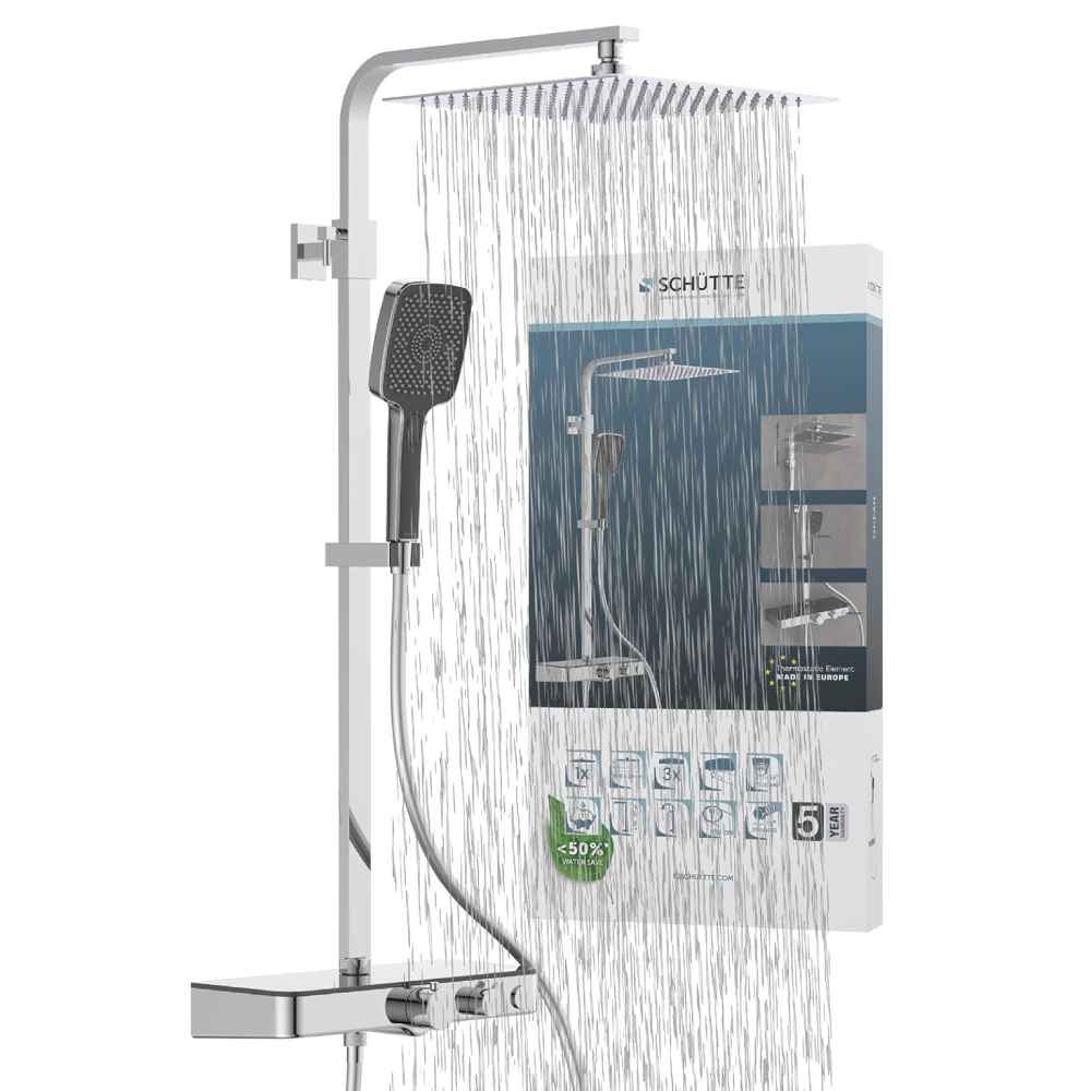 Duschsystem Thermostat OCEAN 60531 Regendusche 30x30cm Glasablage Duschsäule Chrom Anthrazit Wandmontage 80-120cm Stange