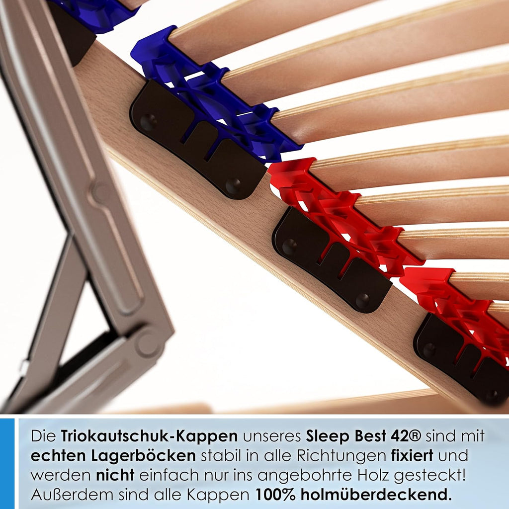Lattenrost Vario Sleep Best 42 140x200 cm 7 Zonen Kopfteil verstellbar 42 Federleisten Härteregulierung Mittelgurt aus Buche