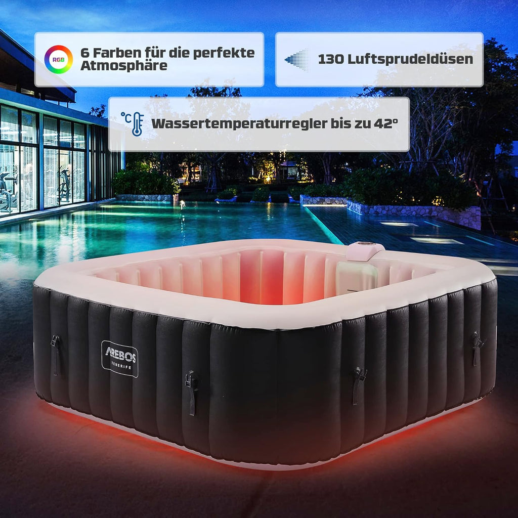 Spa Whirlpool Tenerife 185x185cm 910L 2400W mit 130 Massagedüsen LED-Beleuchtung und Abdeckung für 6 Personen