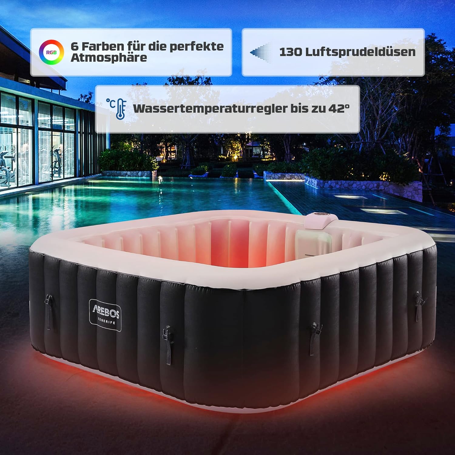 Spa Whirlpool Tenerife 185x185cm 910L 2400W mit 130 Massagedüsen LED-Beleuchtung und Abdeckung für 6 Personen