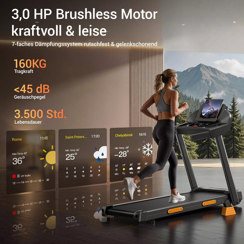 Laufband klappbar mit Steigung SF20 12 kmh 3 PS Motor 15 Prozent Neigung 136 kg Tragkraft LED Anzeige