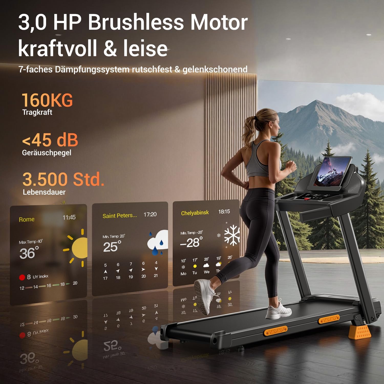 Laufband klappbar mit Steigung SF20 12 kmh 3 PS Motor 15 Prozent Neigung 136 kg Tragkraft LED Anzeige