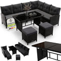 Gartenlounge Set Polyrattan Ecksofa Esstisch 2 Hocker Kissen 5-teilig wetterfest 7 Personen Schwarz Grau