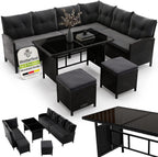 Gartenlounge Set Polyrattan Ecksofa Esstisch 2 Hocker Kissen 5-teilig wetterfest 7 Personen Schwarz Grau