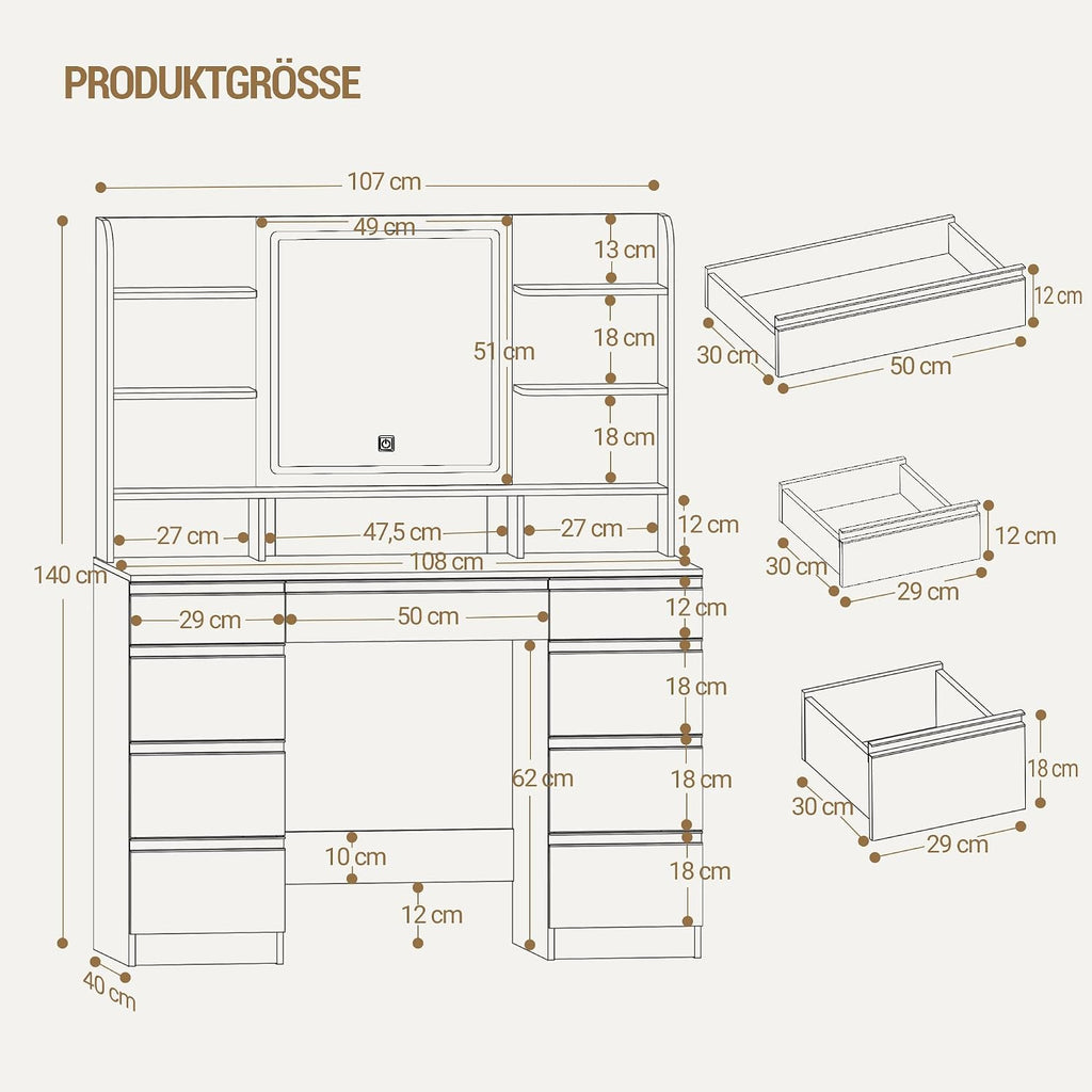 Schminktisch mit LED Spiegel DT41903W 108 x 40 x 140 cm 9 Schubladen 3 Lichtfarben mit Stauraum