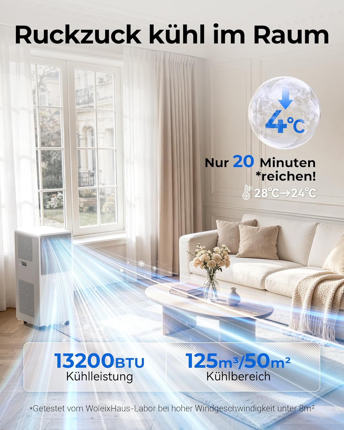Klimaanlage mobil 13200 BTU A027C-14C 58 dB Timer Abluftschlauch 230V Fensterkit 42x36x88cm Entfeuchtung