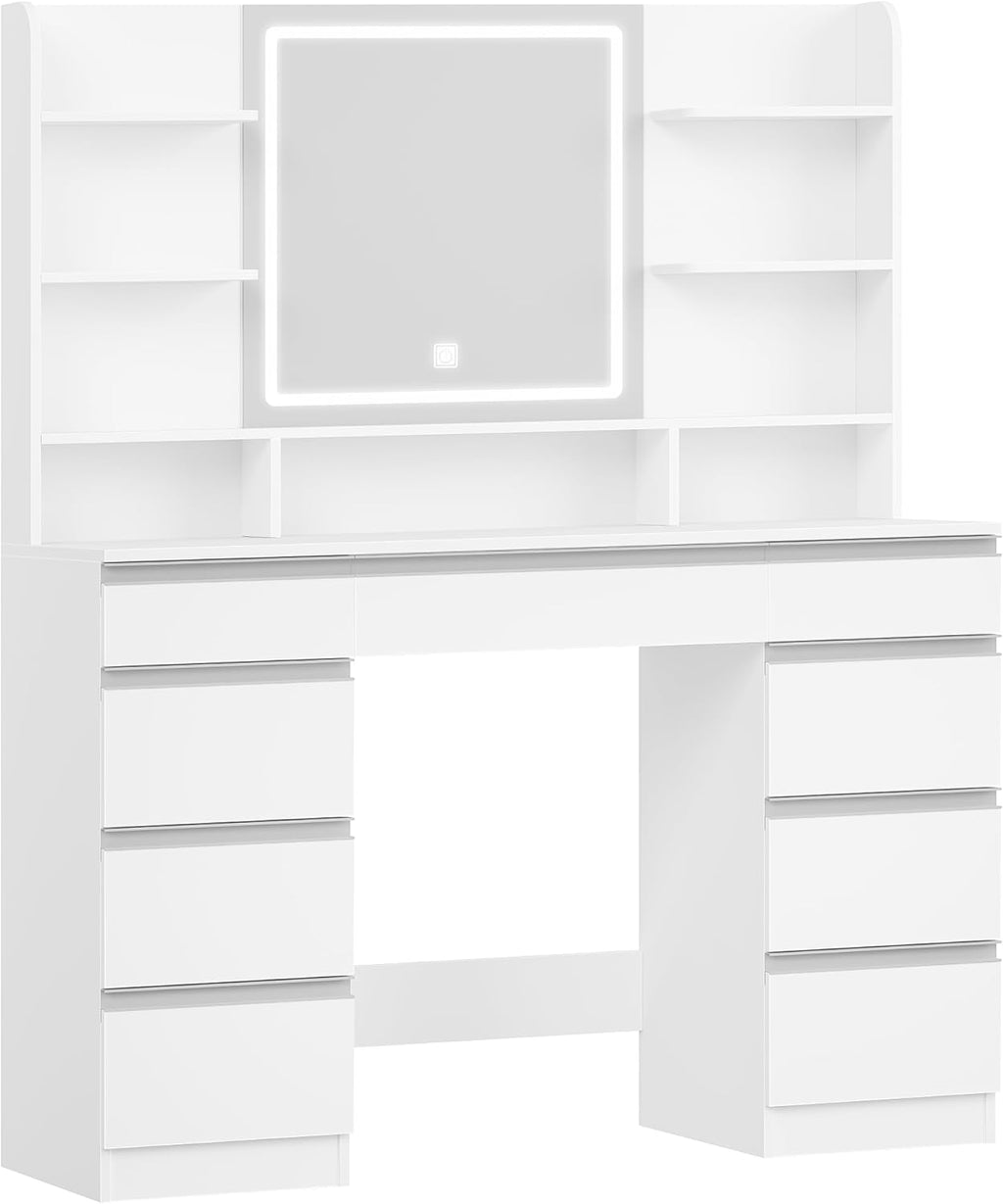 Schminktisch mit LED Spiegel DT41903W 108 x 40 x 140 cm 9 Schubladen 3 Lichtfarben mit Stauraum