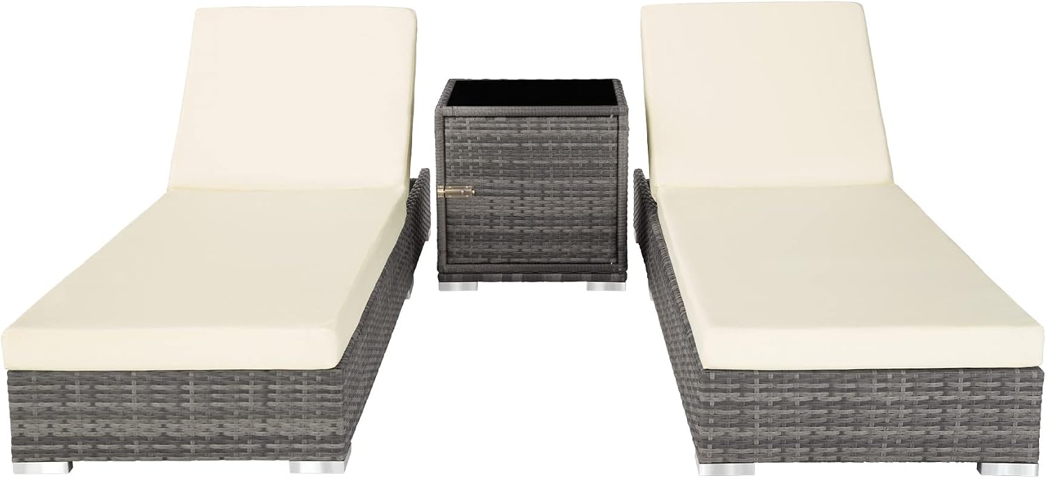 Gartenliege Set 2 Personen mit Tisch 403088 Aluminium Polyrattan Sonnenliegen 5-fach verstellbar inkl Schutzhülle Grau