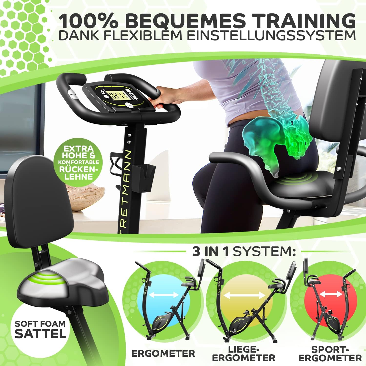 3in1 Heimtrainer Fahrrad klappbar Cyclette Liegeergometer Magnetwiderstand 140 kg Belastbarkeit verstellbarer Sitz