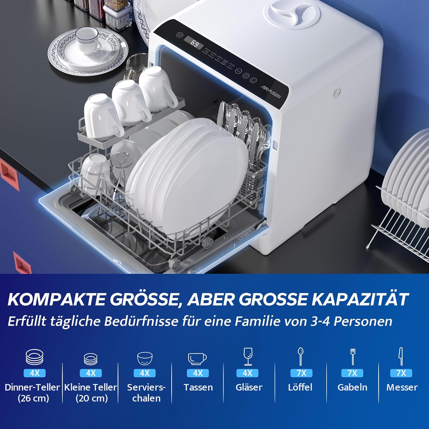 Tischgeschirrspüler AE-TDQR03 kompakt 5L Wassertank 6 Programme LED Display Touch Steuerung
