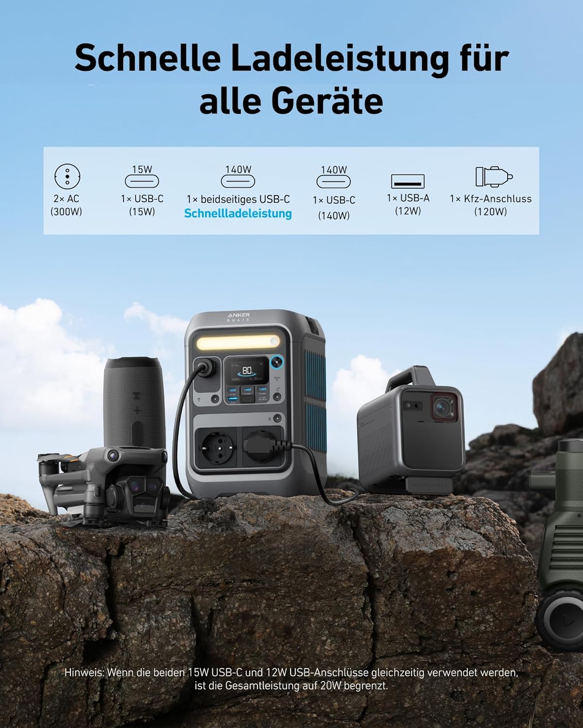 Tragbare Powerstation A1722 288 Wh LiFePO4 300 W mit 600 W Spitzenleistung und Solar-Kompatibilität