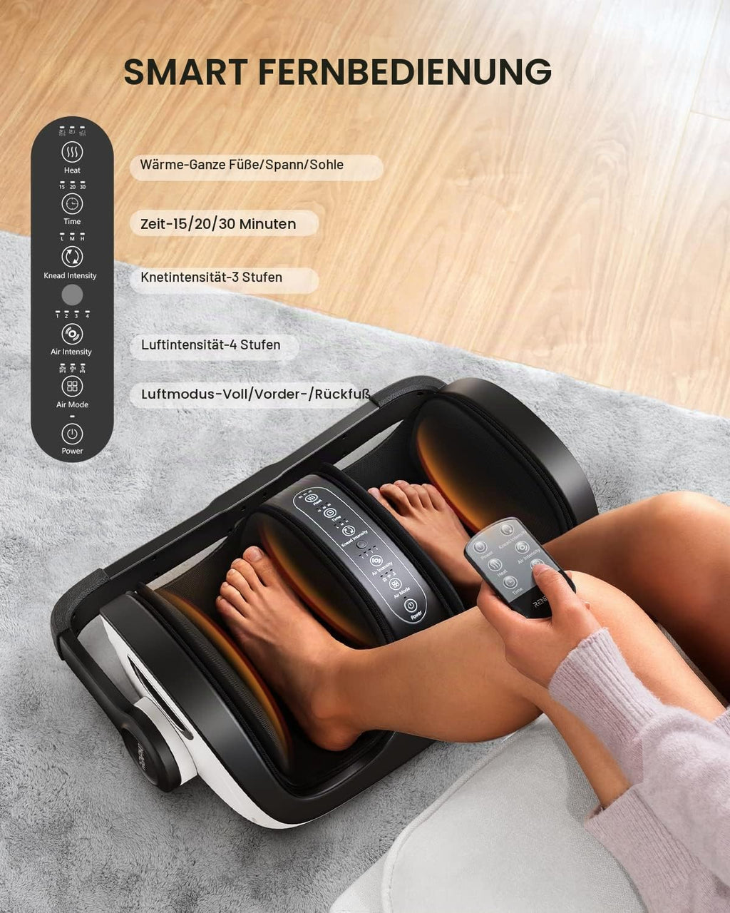 Fußmassagegerät mit Wadenmassage und Wärmefunktion 19,5 cm Fußkammer Fernbedienung Timer EU 48,5