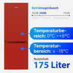 Kühl Gefrierkombination KG 320.2 175L Nutzinhalt 143 cm Höhe 39 dB Gefrierfach unten Türanschlag wechselbar Rot