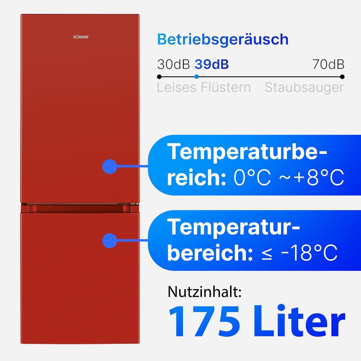 Kühl Gefrierkombination KG 320.2 175L Nutzinhalt 143 cm Höhe 39 dB Gefrierfach unten Türanschlag wechselbar Rot