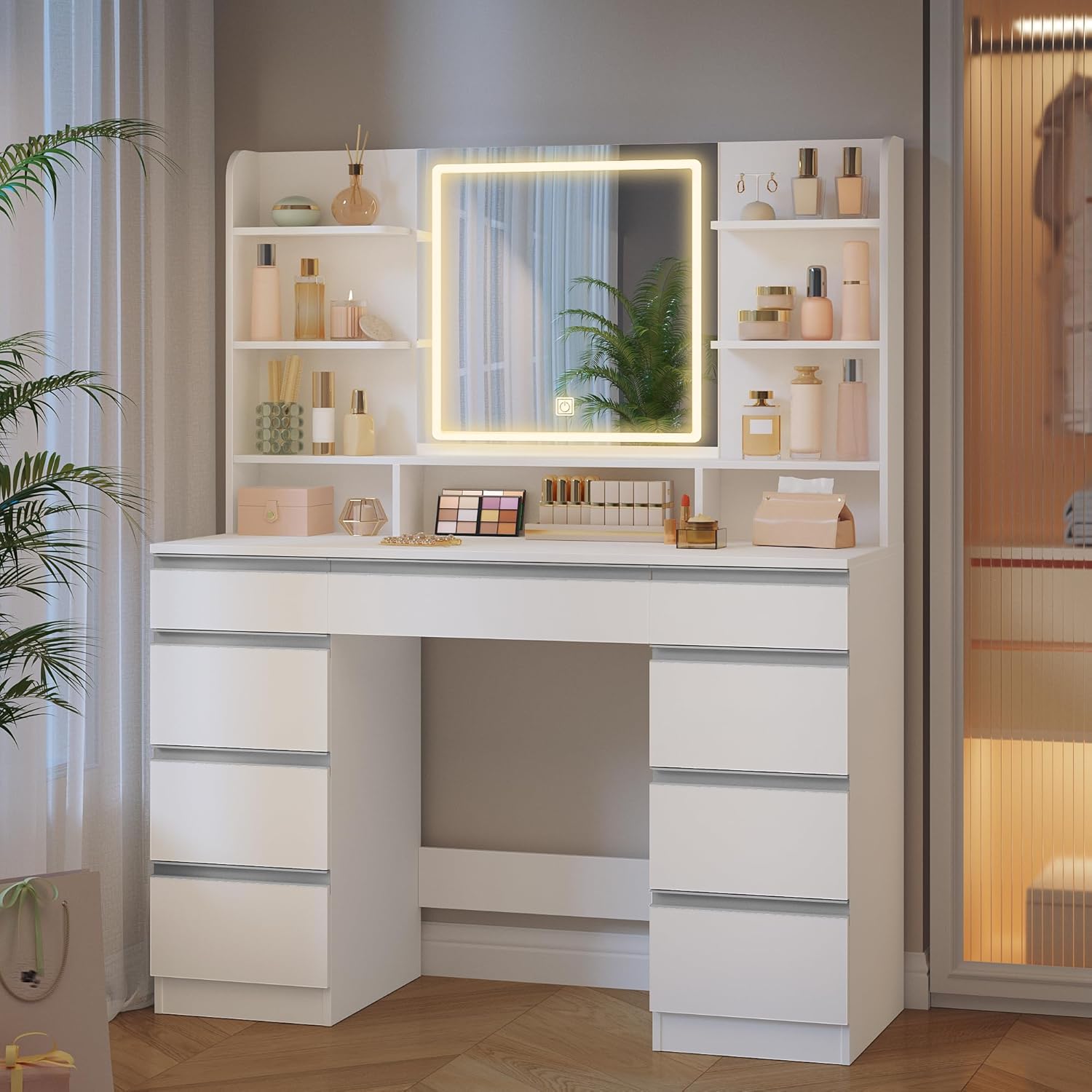 Schminktisch mit LED Spiegel DT41903W 108 x 40 x 140 cm 9 Schubladen 3 Lichtfarben mit Stauraum