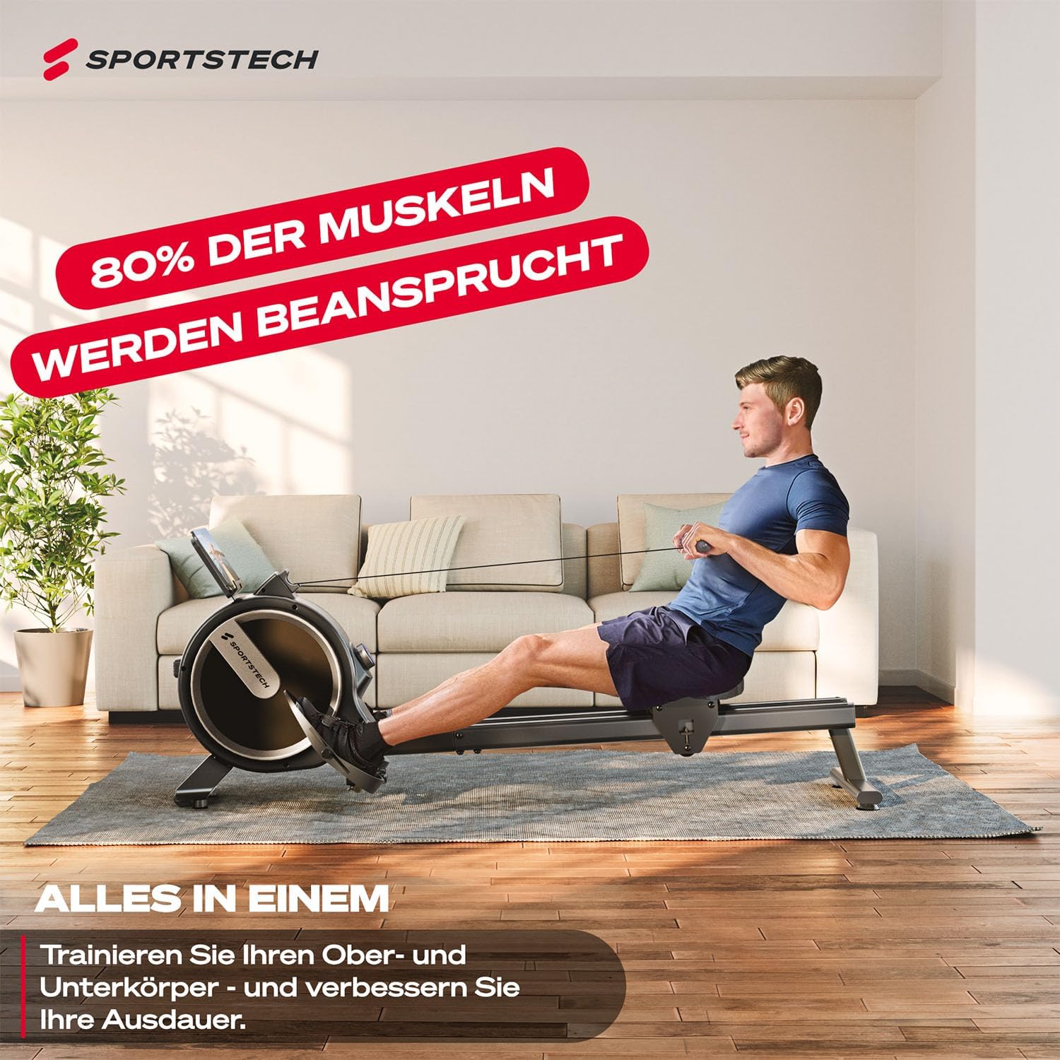 Rudergerät Magnetwiderstand PROwer BL 32 Stufen LED Display Bluetooth klappbar Dual Rail für Zuhause